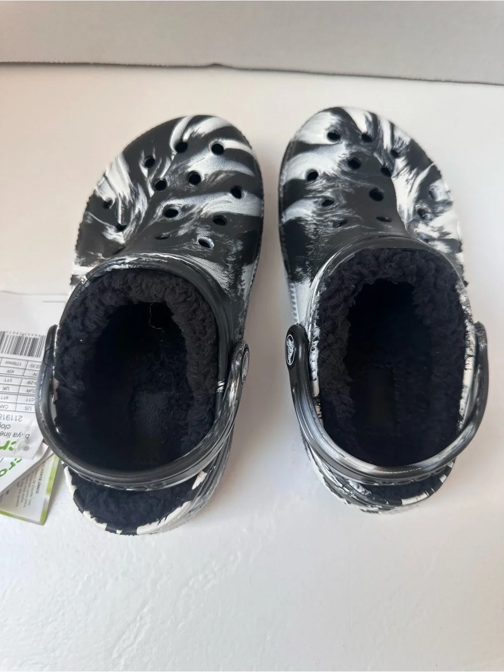 CROCS Kids Black & White Marbled Clog with Fleece Lining
